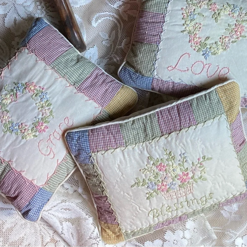 Set of 3 Primitive Quilted Embroidered pillows 9” x 8” GRACE LOVE BLESSINGS